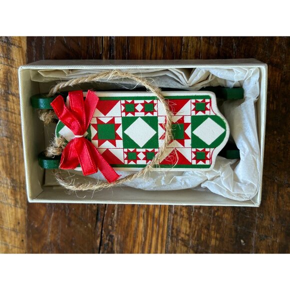Vintage Crystal Collectibles Wooden Sleigh Ornament With Box & Red Bow - Picture 5 of 8